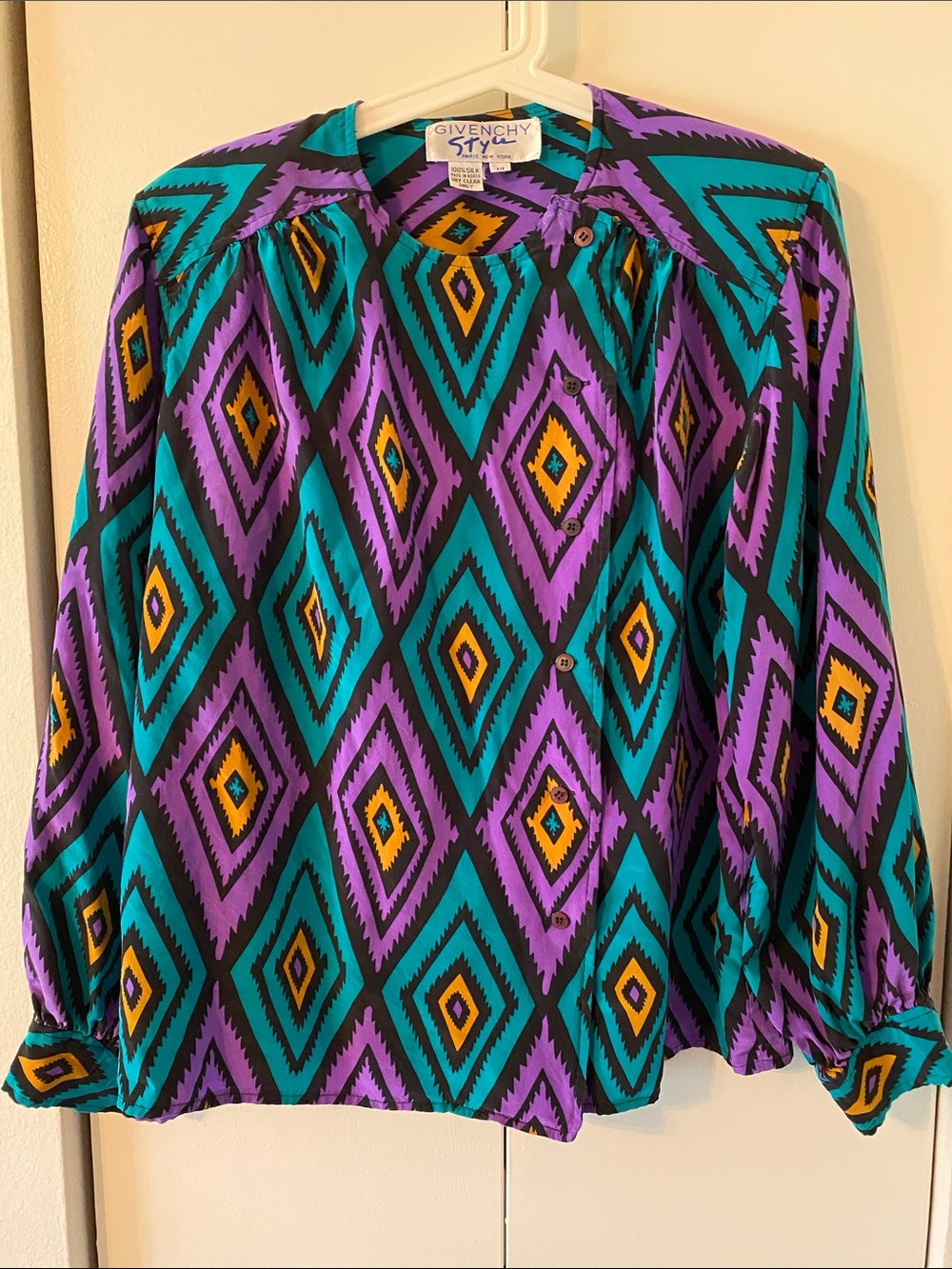 Givenchy Women’s Teal, Purple & Yellow Geometric Button-Up Blouse